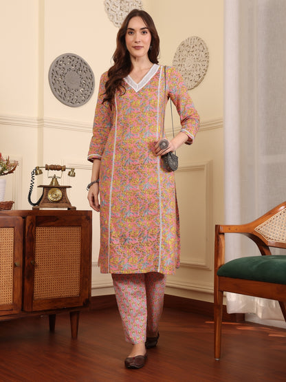 Women Floral Printed Regular Thread Work Pure Cotton Kurta with Trousers