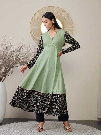 Women Floral Embroidered Angrakha Sequinned Kurta with Trousers & With Dupatta