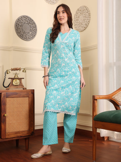 Women Floral Printed Regular Thread Work Pure Cotton Kurta with Trousers