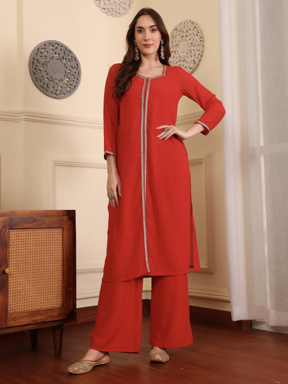 Square Neck Gotta Patti Georgette Straight Kurta With Palazzos & Dupatta