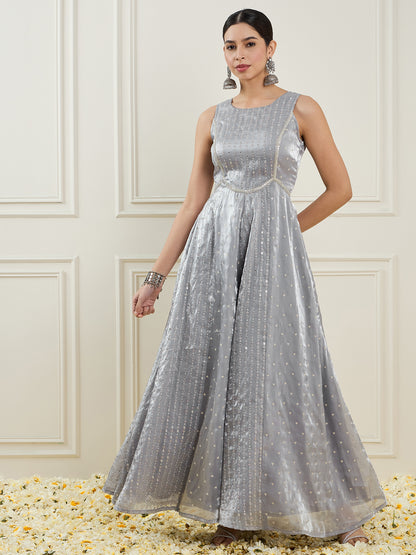 Self Design Round Neck Sleeveless Embellished Silk Ethnic Jumpsuit