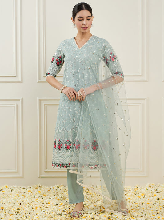 Ethnic Motifs Embroidered Sequinned Straight Kurta With Trouser & Dupatta