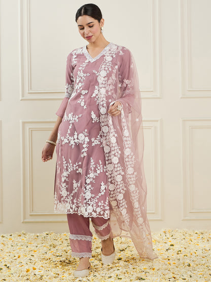Floral Embroidered V-Neck Regular Straight Kurta With Trousers & Dupatta