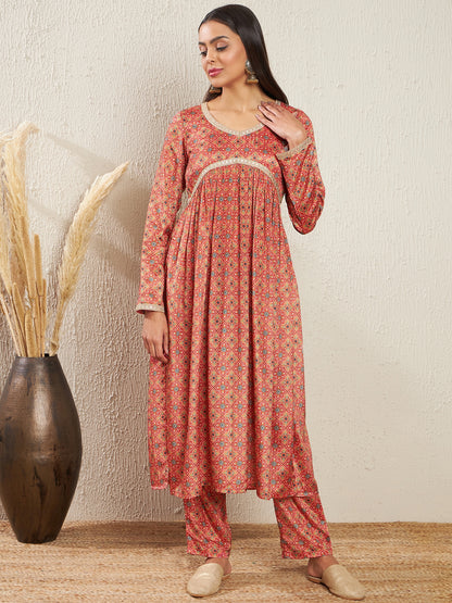 Printed Empire Silk Crepe Kurta & Trousers