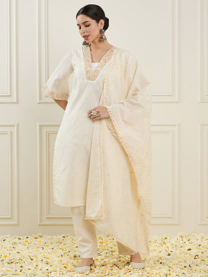 Regular Thread Work V-Neck Straight Kurta with Trouser & Dupatta