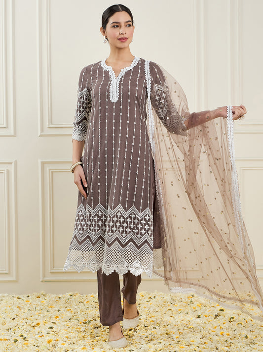 Embroidered Sequinned Straight Kurta with Trousers & Dupatta