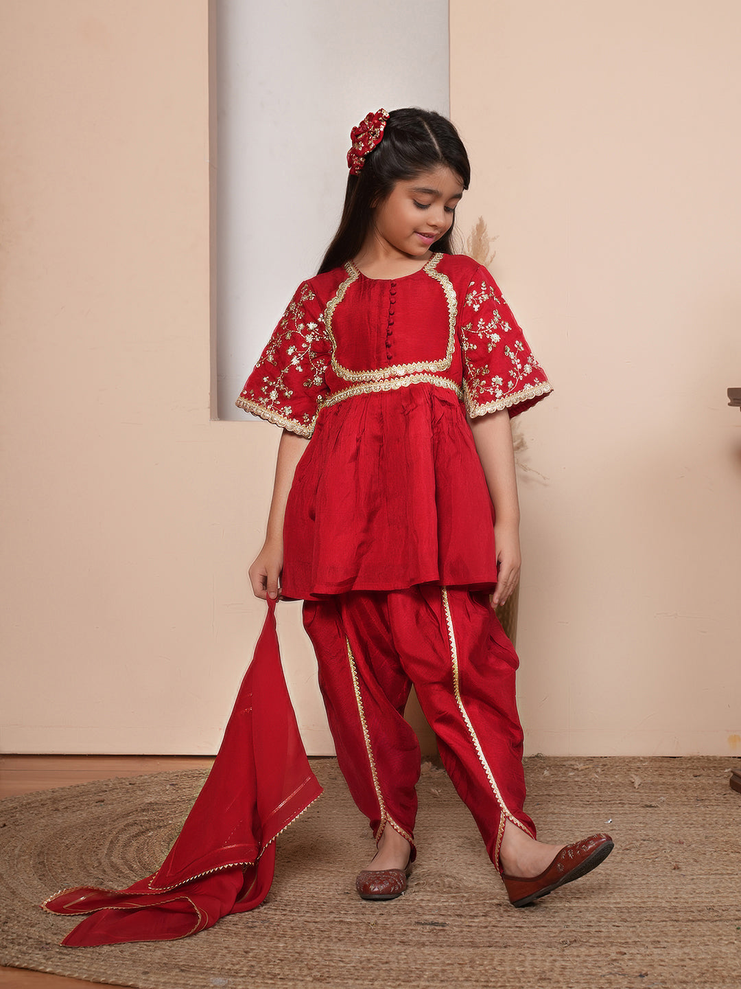 Girls Solid Embroidered Kurta with Dhoti Pant & Dupatta