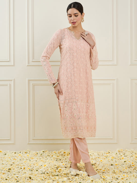 Embroidered Regular Sequinned Straight Kurta & Trousers