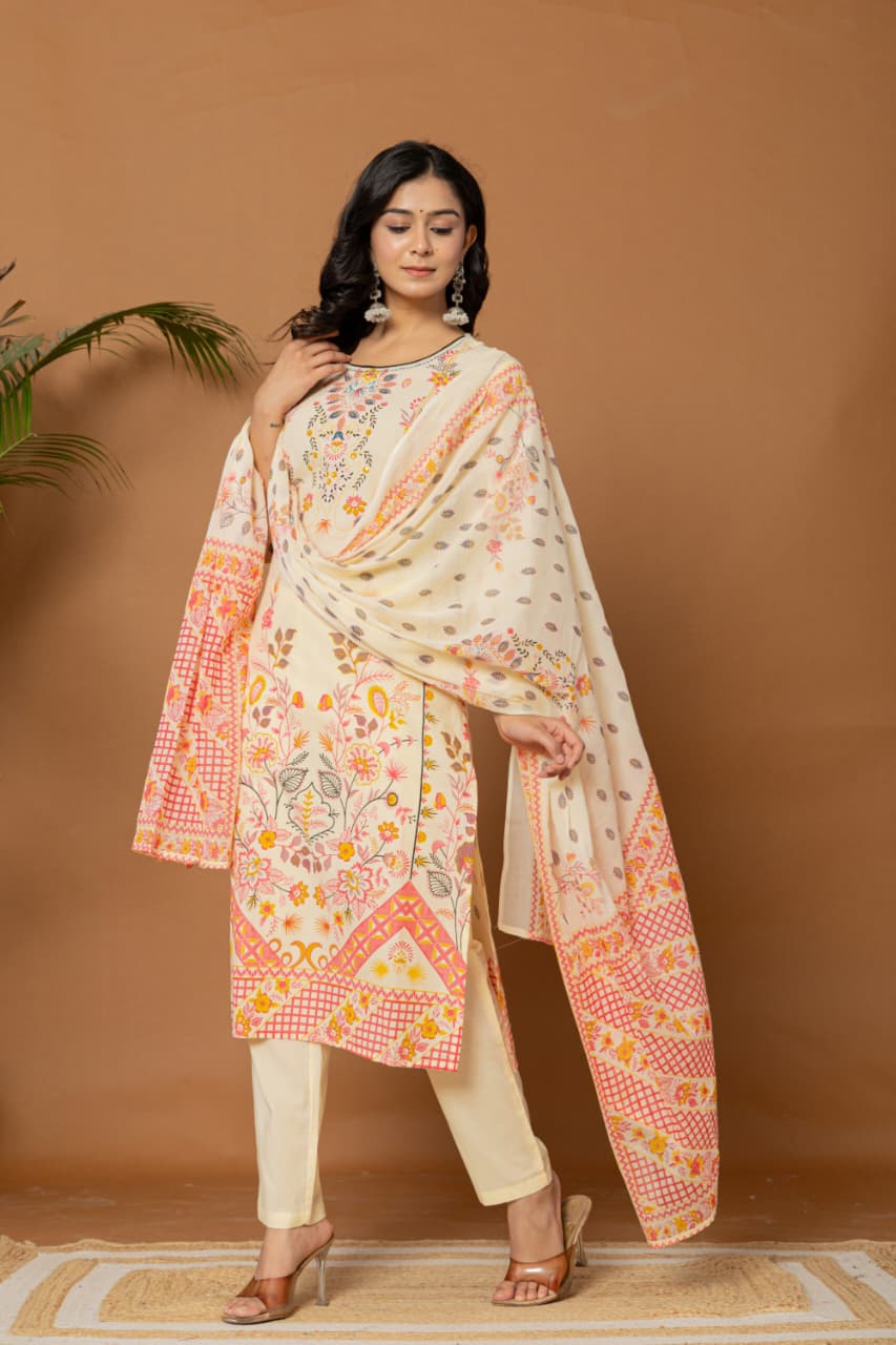 Women Floral Printed Regular Pure Cotton Kurta with Trousers & Dupatta