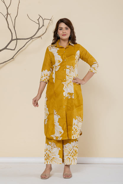 Women Shirt Collar Pure Cotton Kurta with Palazzos