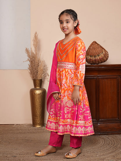 Floral printed orange and pink kurta set with dupatta
