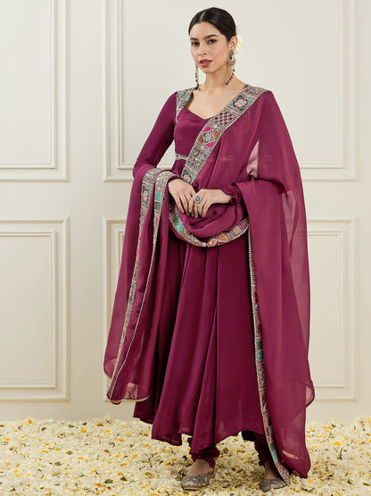 Woven Design Embroidered Thread Work Anarkali Kurta with Churidar & Dupatta
