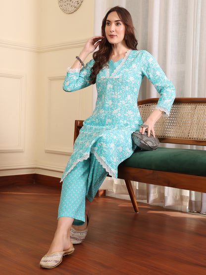 Women Floral Printed Regular Thread Work Pure Cotton Kurta with Trousers