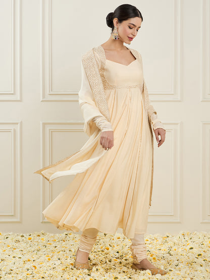 Women Regular Thread Work Chanderi Cotton Kurta with Churidar & With Dupatta