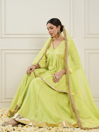 Empire V-Neck Chanderi Silk A-Line Kurta with Palazzo & Dupatta