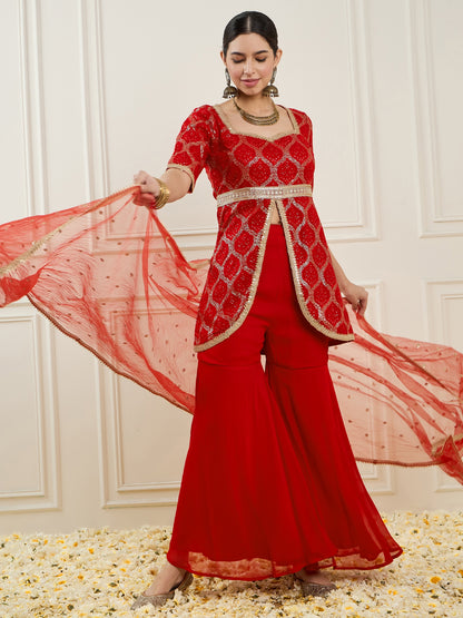 Women Embroidered High Slit Sequinned Silk Georgette Kurta with Sharara & With Dupatta