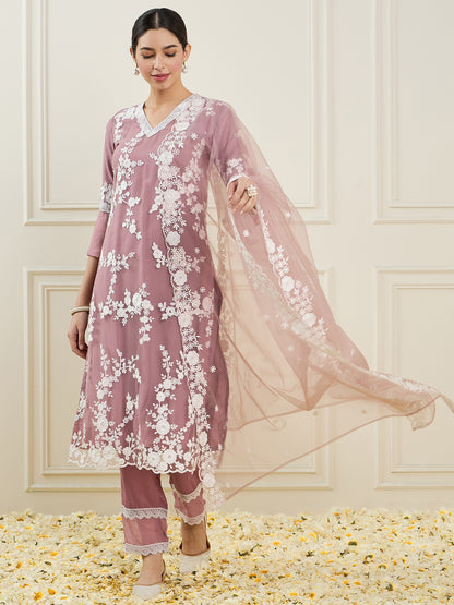 Floral Embroidered V-Neck Regular Straight Kurta With Trousers & Dupatta