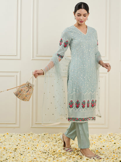 Ethnic Motifs Embroidered Sequinned Straight Kurta With Trouser & Dupatta