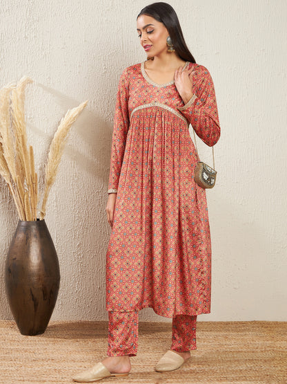 Printed Empire Silk Crepe Kurta & Trousers
