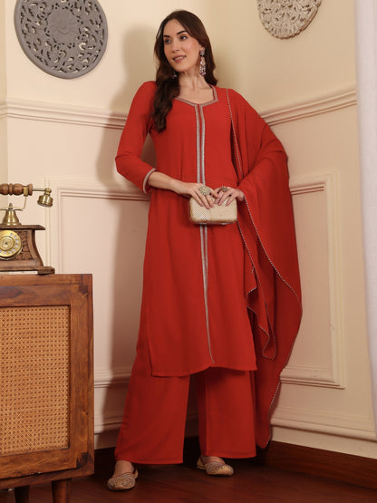 Square Neck Gotta Patti Georgette Straight Kurta With Palazzos & Dupatta