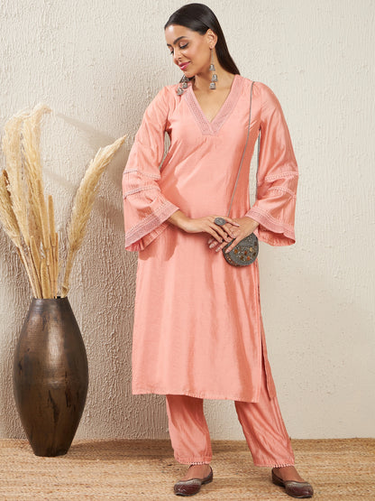 V-Neck Flared Sleeves Thread Work Chanderi Cotton Kurta with Trousers