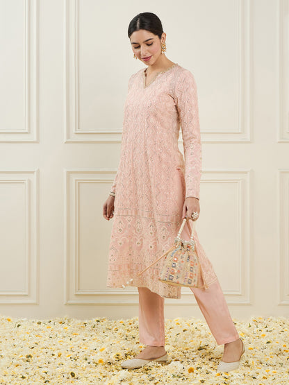 Embroidered Regular Sequinned Straight Kurta & Trousers
