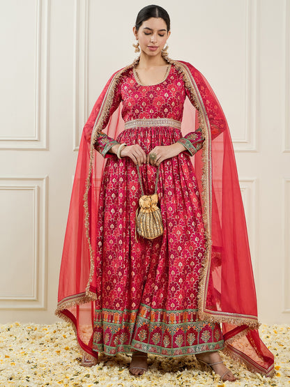 Ethnic Motifs Printed Gathered Detailed Silk Maxi Dress With Dupatta