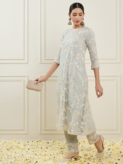 Floral Embroidered Round Neck Regular A-Line Kurta & Trousers