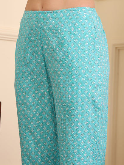 Women Floral Printed Regular Thread Work Pure Cotton Kurta with Trousers