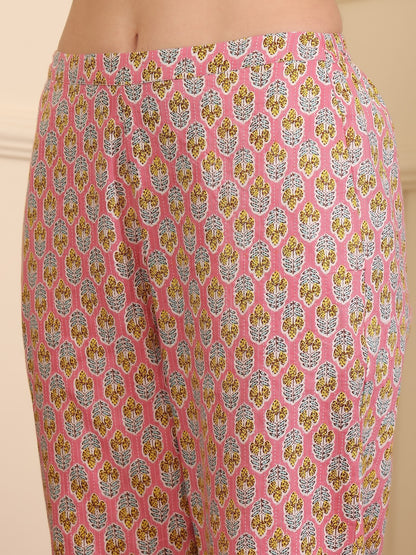 Women Floral Printed Regular Thread Work Pure Cotton Kurta with Trousers
