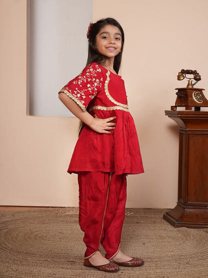 Girls Solid Embroidered Kurta with Dhoti Pant & Dupatta