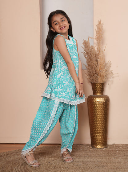 Floral printed turqoiuse blue kurta set