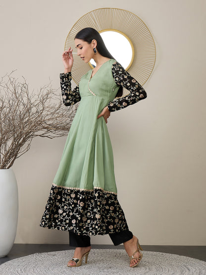 Women Floral Embroidered Angrakha Sequinned Kurta with Trousers & With Dupatta