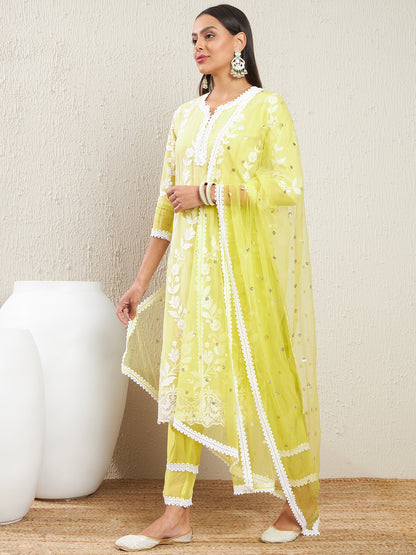 Embroidered Notch Neck Sequinned Straight Kurta With Trousers & Dupatta