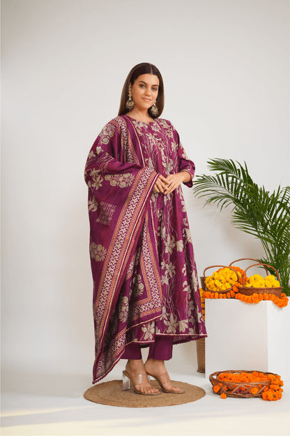 Women Floral Printed Cotton Anarkali Kurta with Trousers & Dupatta