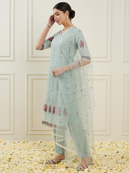 Ethnic Motifs Embroidered Sequinned Straight Kurta With Trouser & Dupatta