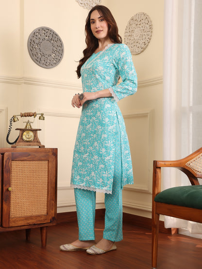 Women Floral Printed Regular Thread Work Pure Cotton Kurta with Trousers