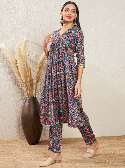 Ethnic Motifs Printed Empire Silk Crepe Kurta & Trousers