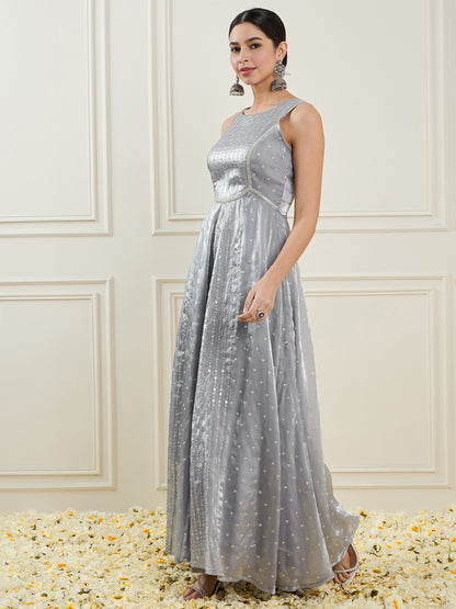 Self Design Round Neck Sleeveless Embellished Silk Ethnic Jumpsuit
