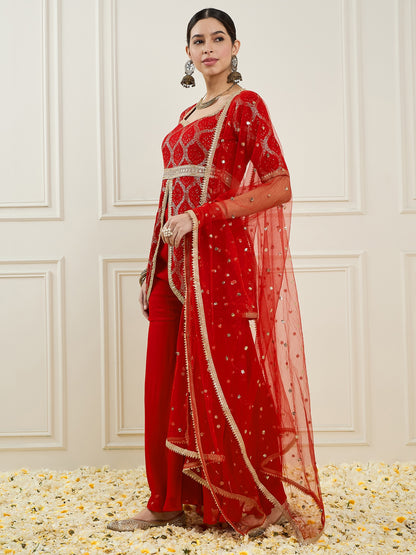 Women Embroidered High Slit Sequinned Silk Georgette Kurta with Sharara & With Dupatta