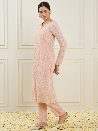 Embroidered Regular Sequinned Straight Kurta & Trousers
