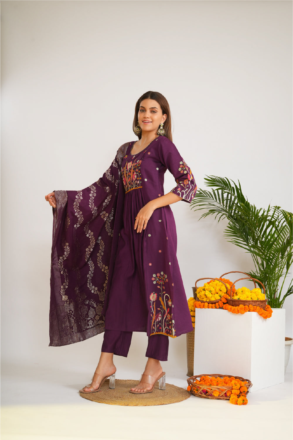 Floral Embroidered Empire Thread Work A-Line Kurta With Trousers & Dupatta