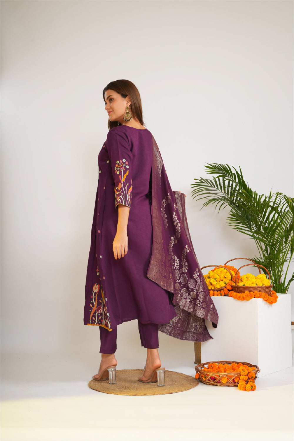 Floral Embroidered Empire Thread Work A-Line Kurta With Trousers & Dupatta
