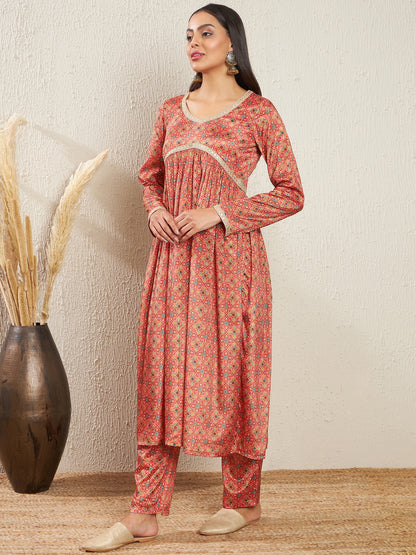Printed Empire Silk Crepe Kurta & Trousers