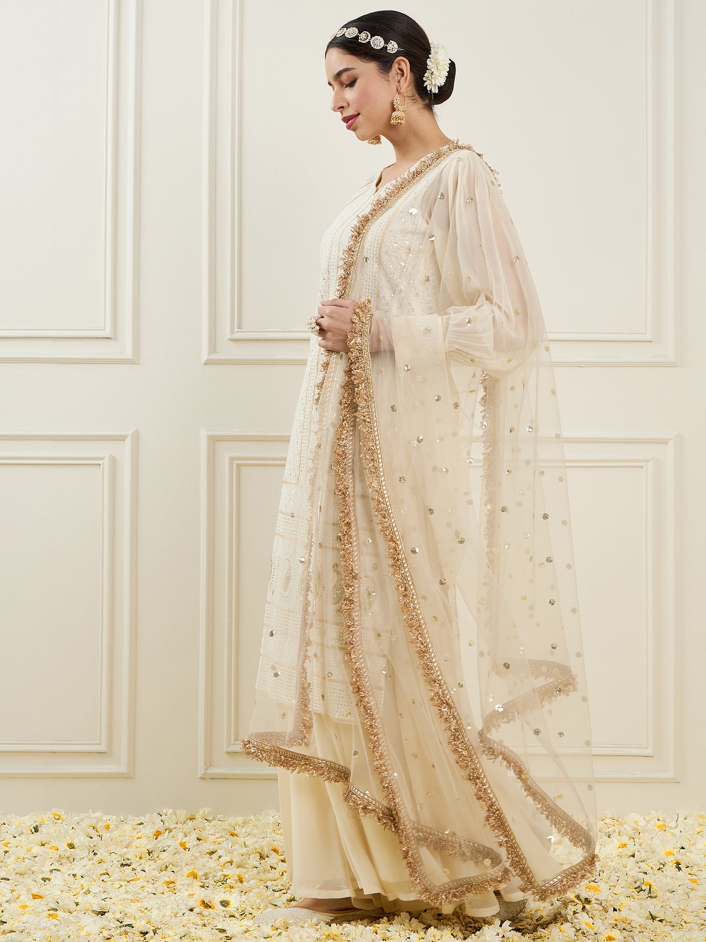 Ethnic Motifs Embroidered Sequinned Straight Kurta With Palazzos & Dupatta