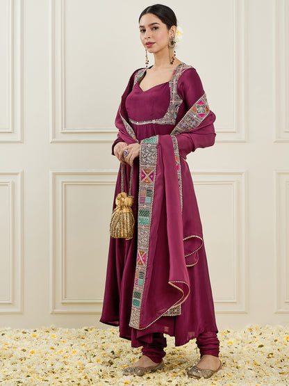 Woven Design Embroidered Thread Work Anarkali Kurta with Churidar & Dupatta