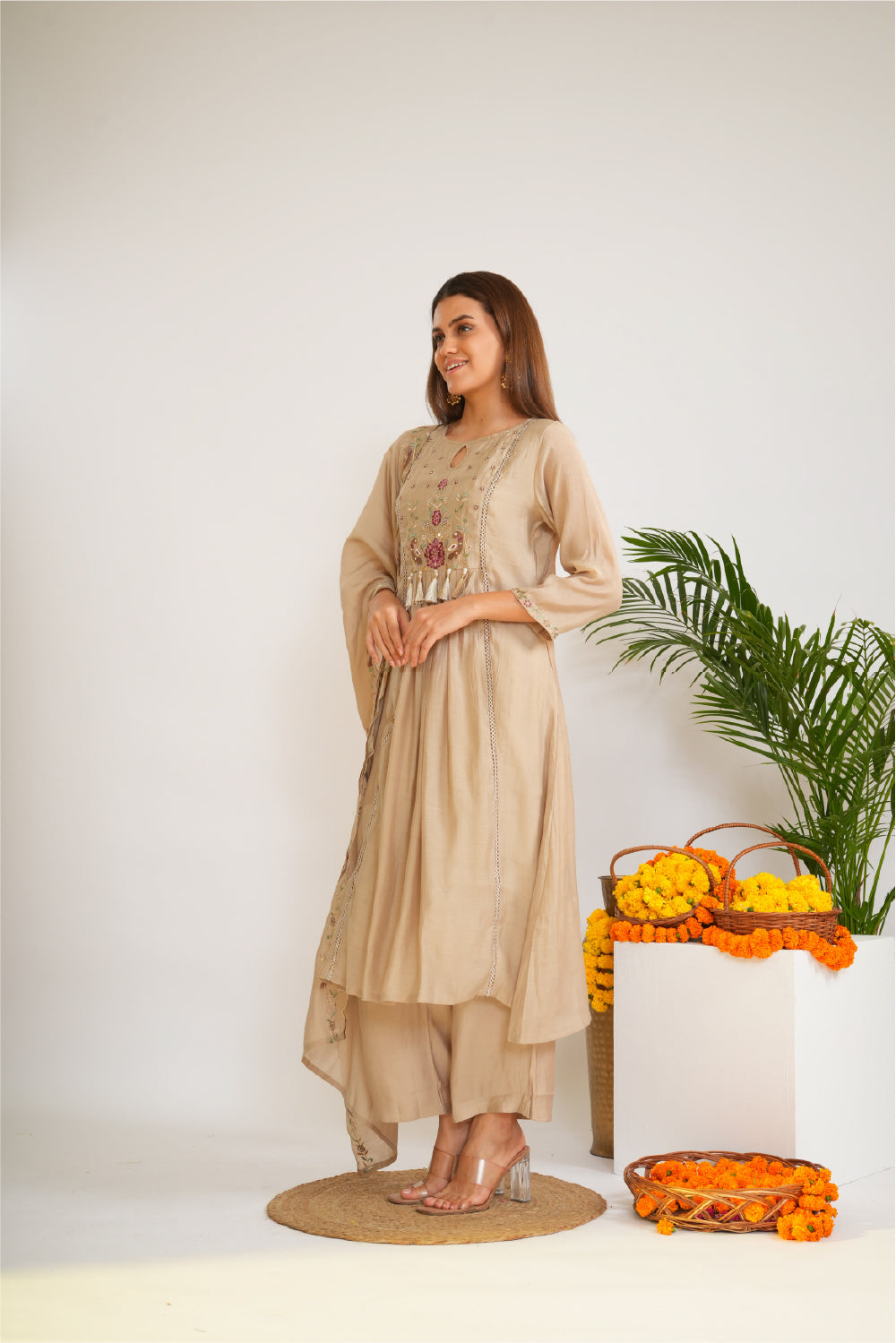 Floral Embroidered Panelled Thread Work A-Line Kurta With Trousers & Dupatta