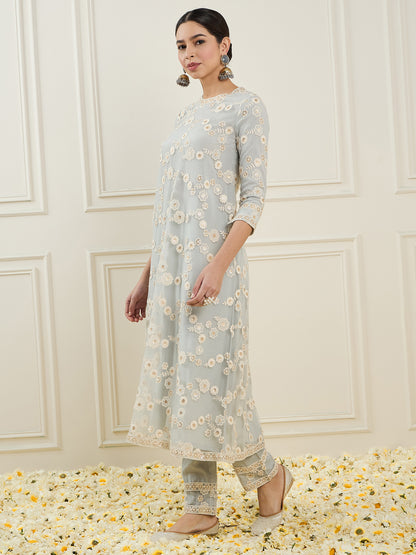 Floral Embroidered Round Neck Regular A-Line Kurta & Trousers