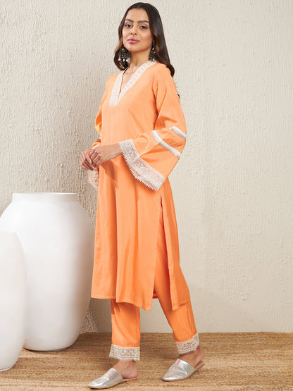 V-Neck Flared Sleeves Thread Work Kurta with Trousers