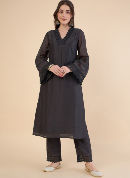 Black Embroidered Kurta With Trousers